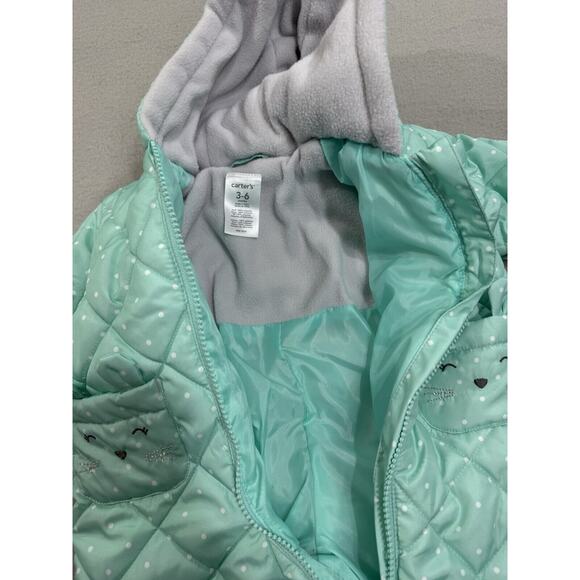 NWT Carter’s 3-6M Mint Green Polka Dot Kitty Cat Pocket Snowsuit - Picture 7 of 10